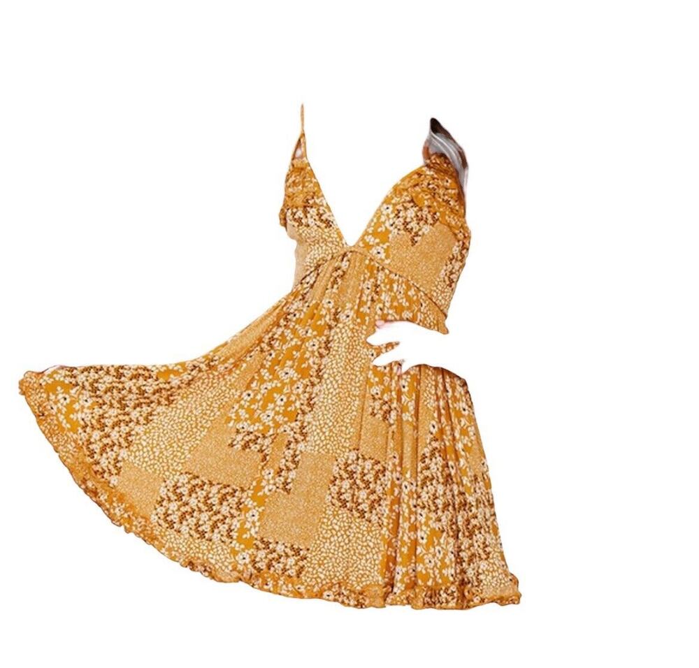Angel Biba Sundress Women Size Medium Mustard Floral Plunge Neck Spaghetti Strap